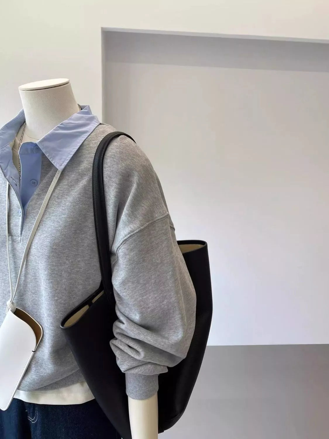 Gray polo-collar layered-look sweatshirt