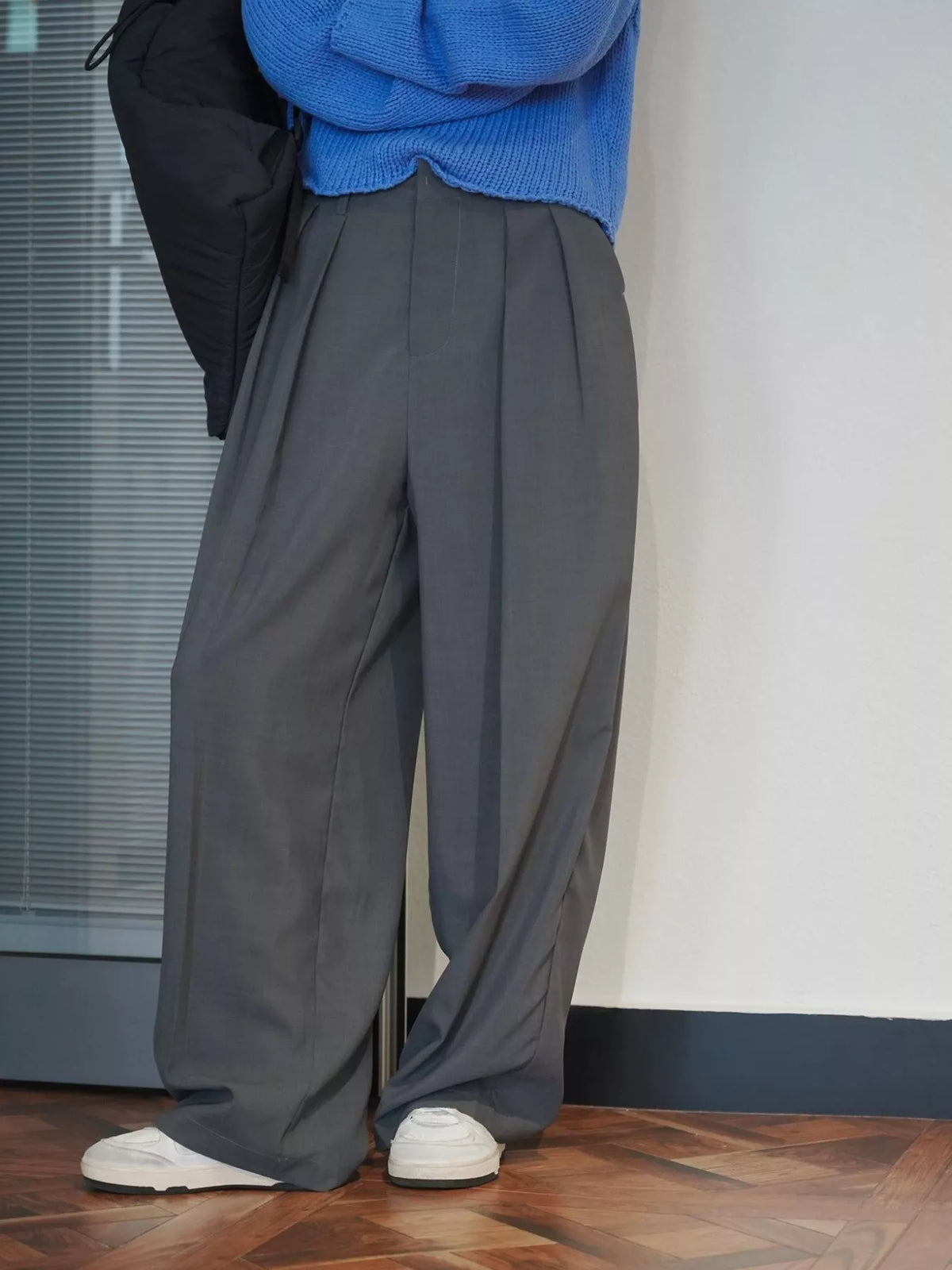 Women's High-Waisted Pleated Wide-Leg Pants in gray — front view