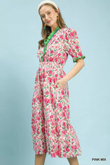 Trendsi Umgee Floral Ruffle Trim Tiered Midi Dress - Dresses