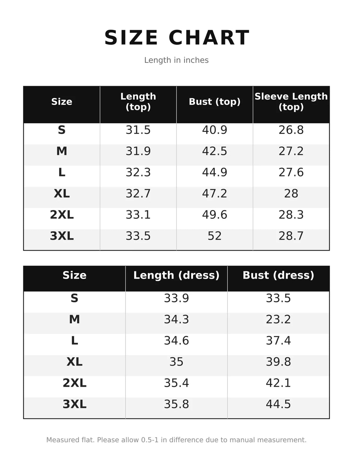 Turtleneck Sweater and Lace Hem Dress Set — size and measurement chart