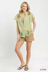 Trendsi Umgee Embroidered Stripe Button Front Top -
