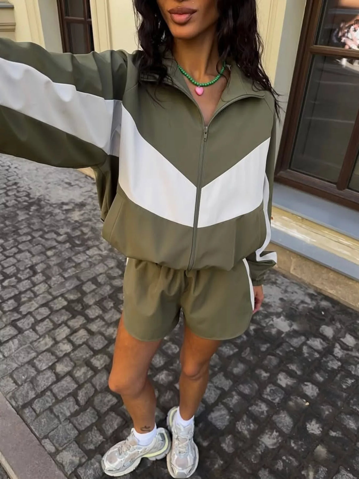 Trendsi Color-Block Zip-Up Jacket and Shorts Set -