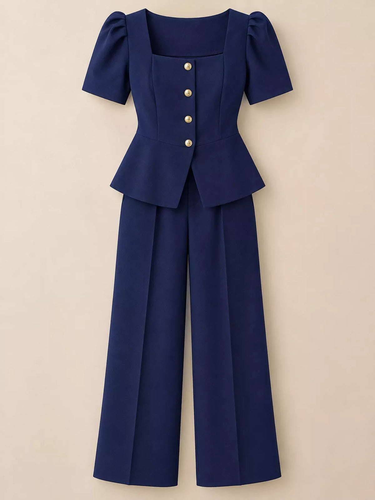 Peplum top and pants set, navy flat lay