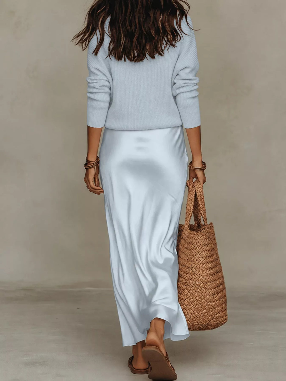 Light Blue-Set v-neck top and satin midi skirt set, back view