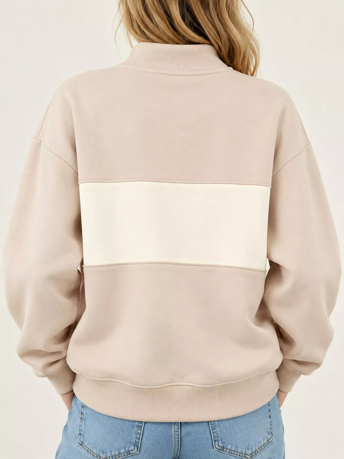 Beige and cream color block snap-button sweatshirt, back view