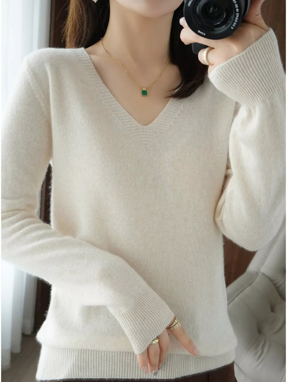 V-Neck Knit Sweater in white