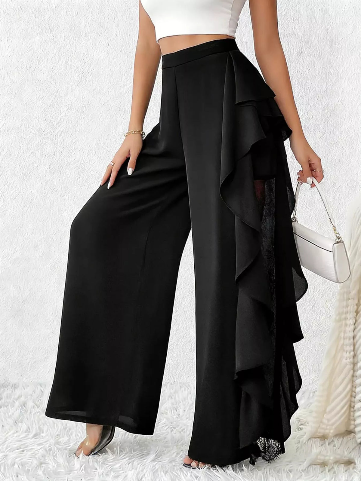 Black Ruffled Wide-Leg Pants with Lace Trim front view