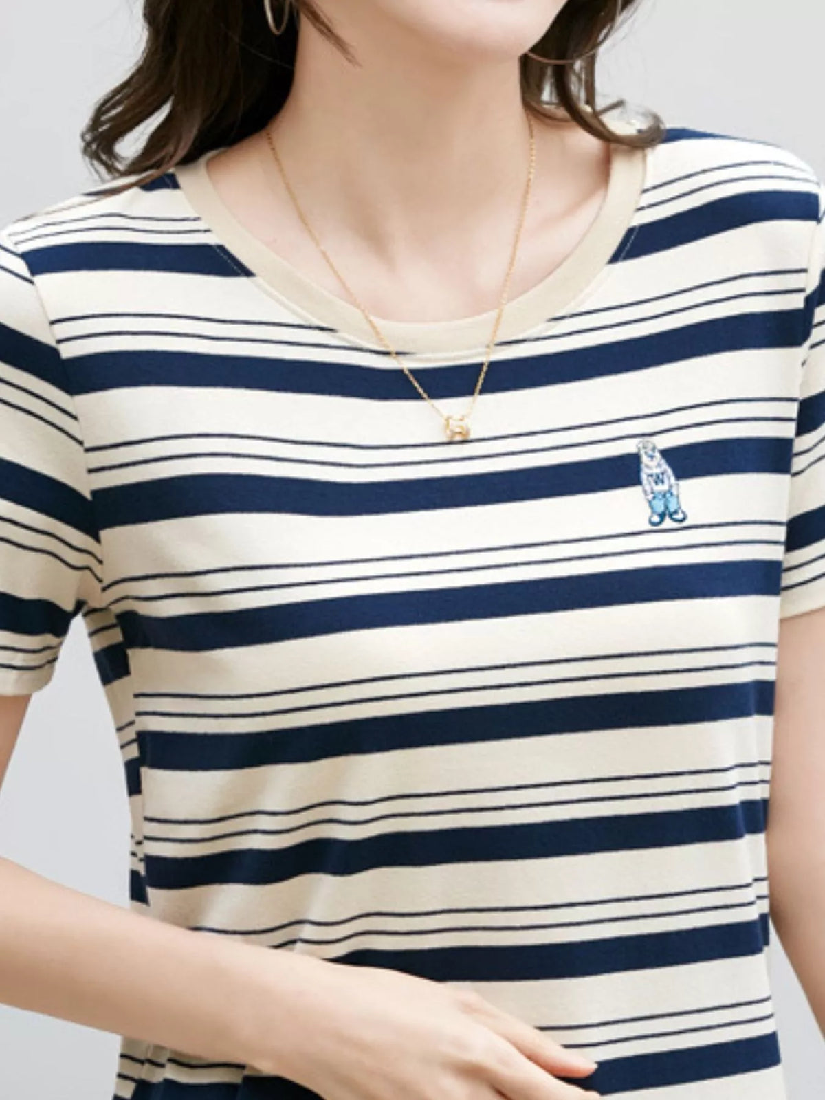 Navy and white striped crew neck embroidered t-shirt