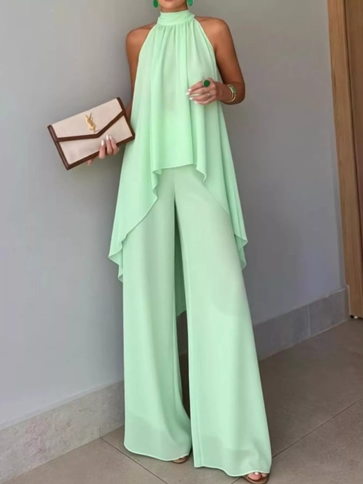 Light Green High-Low Sleeveless Top & Wide-Leg Pants Set front view