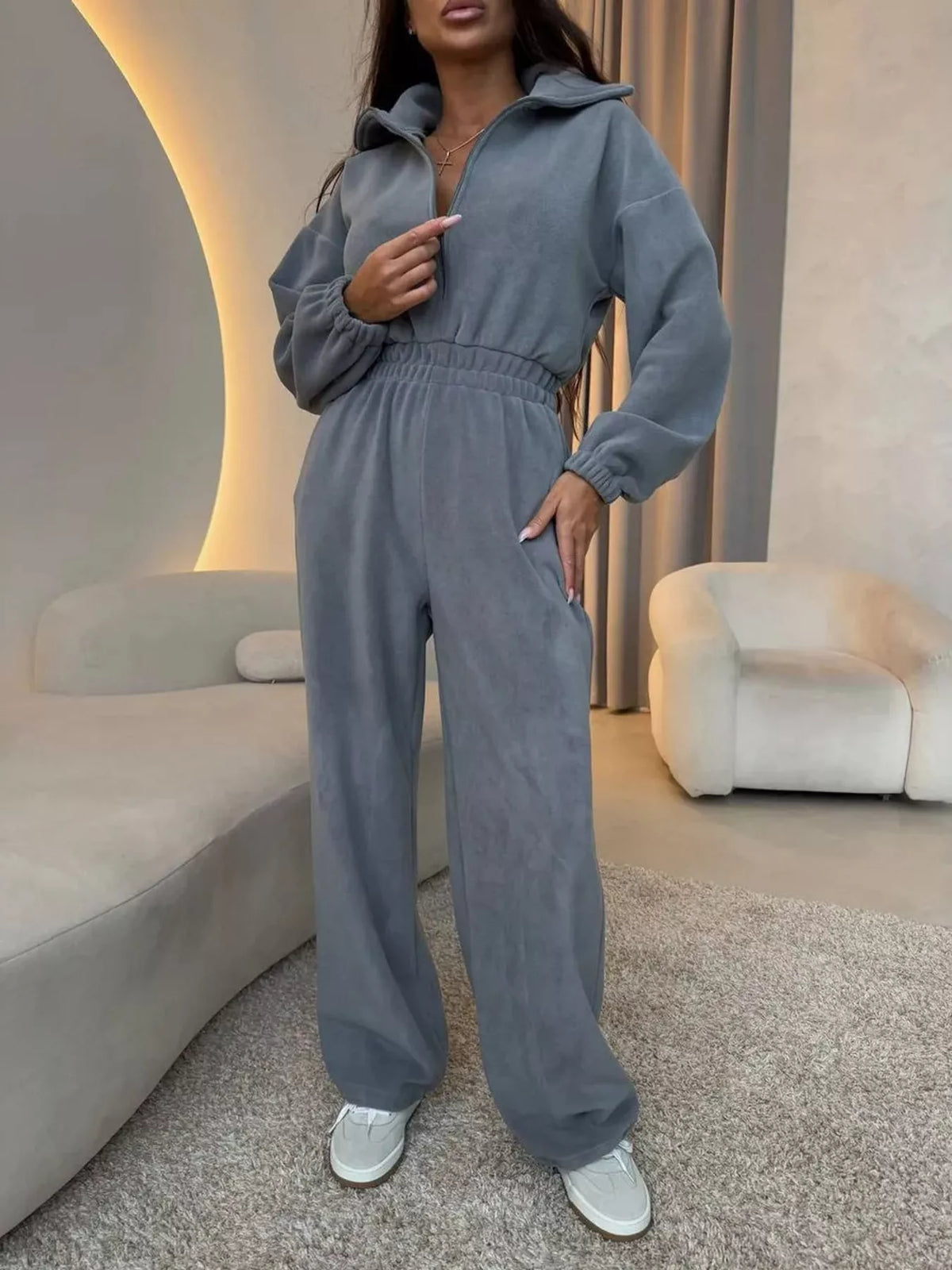 Zip Front Long Sleeve Jumpsuit — front view