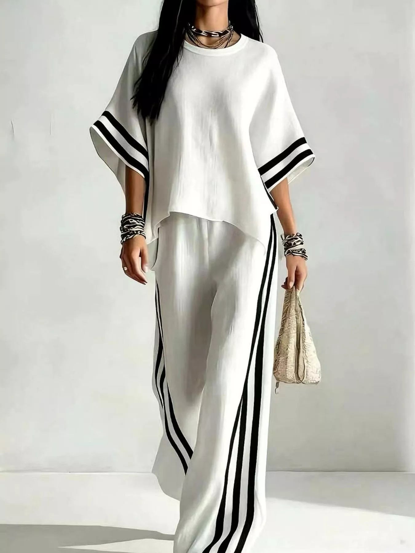 Trendsi Full Size Striped 3/4 Sleeve Top and Pants Set Plus Size -