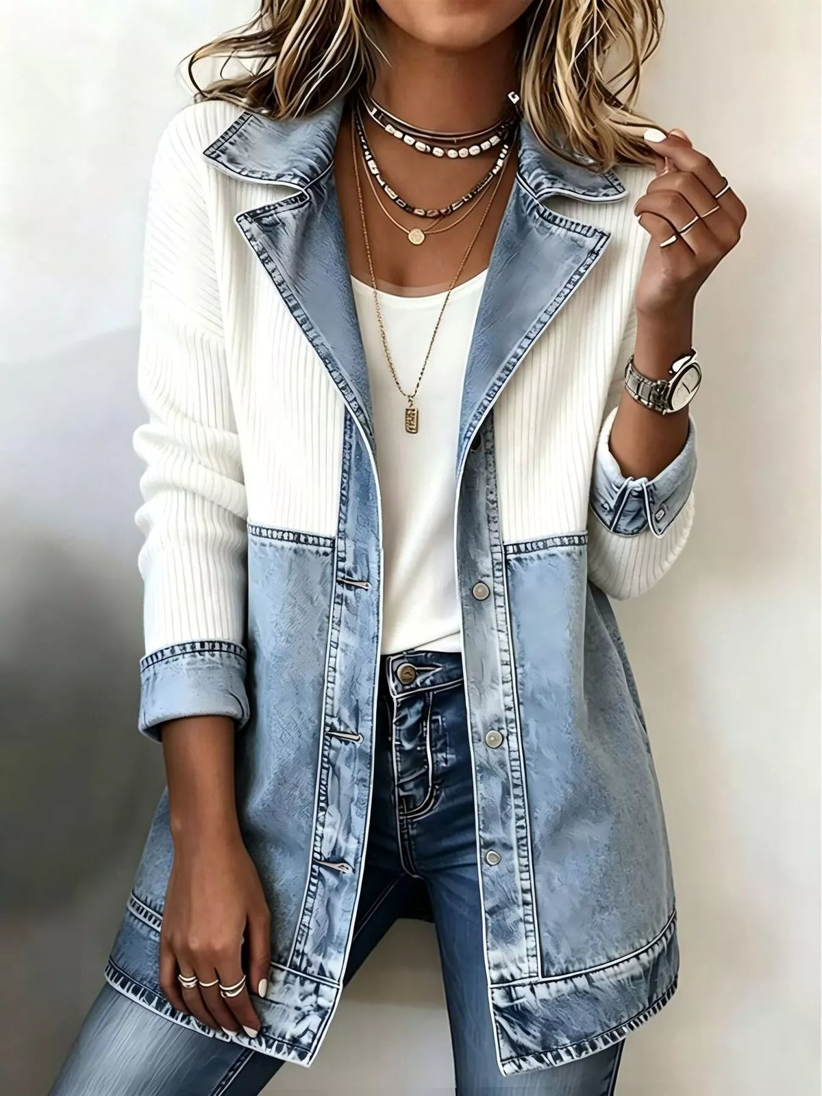 Trendsi Color-Block Denim and Knit Patchwork Casual Jacket -