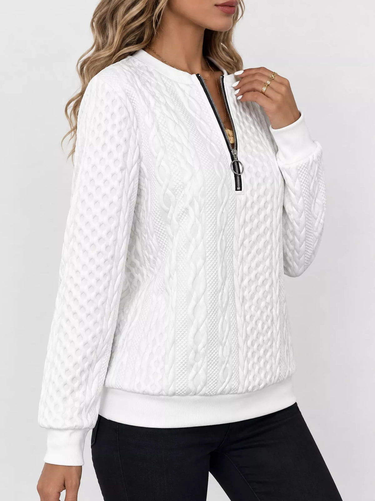 Quarter-Zip Cable Knit Sweatshirt — side view