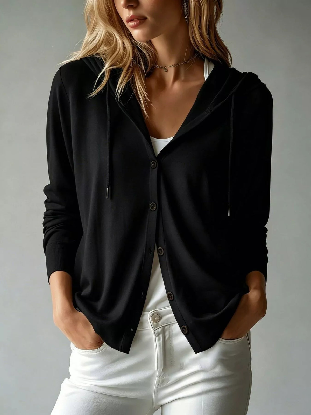 Black Drawstring-Hood Button-Down Cardigan with Pockets front lifestyle view