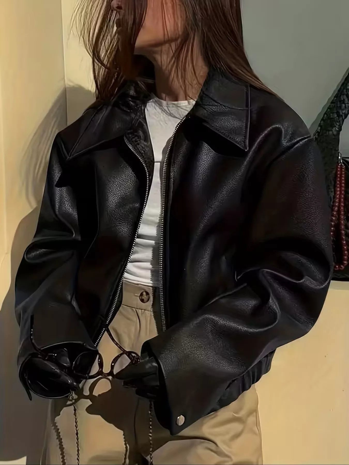 Trendsi Oversized Faux Leather Zip Up Moto Jacket -