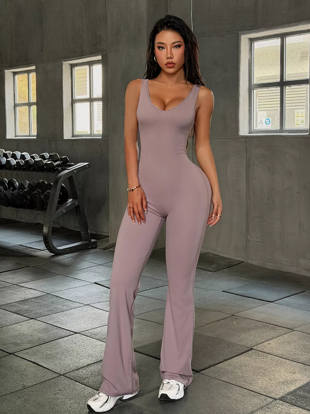 Sleeveless Active Jumpsuit with Flared Leg Design, front view