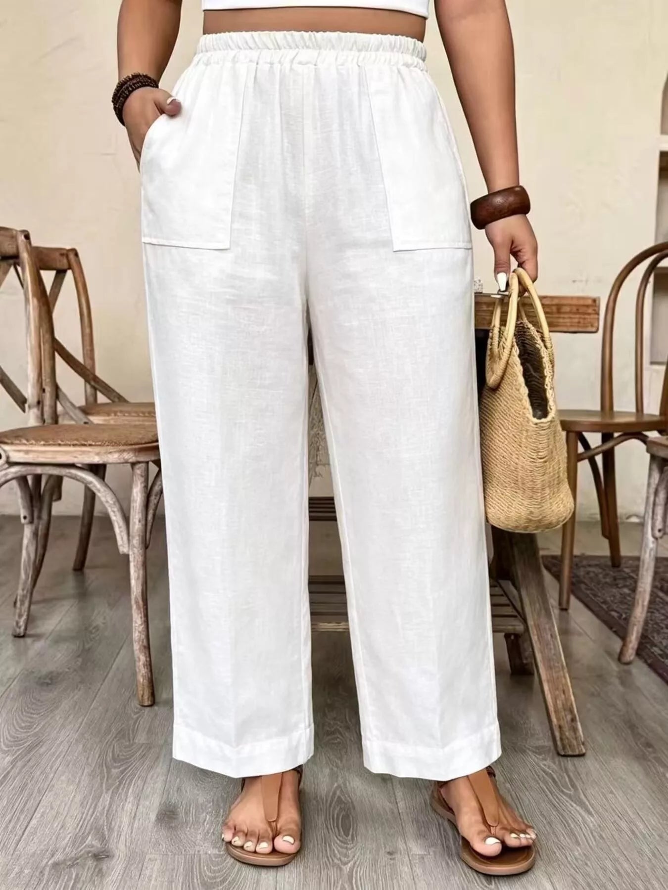 Trendsi Plus Size High-Waisted Elastic Waist Pants with Pockets -