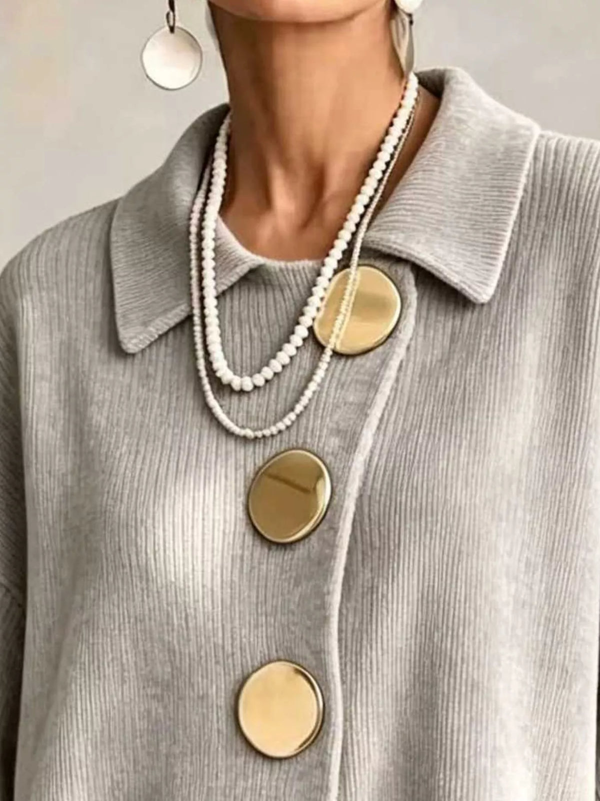 Women's Ribbed Knit Gold Buttons Cardigan in light gray — collar detail view