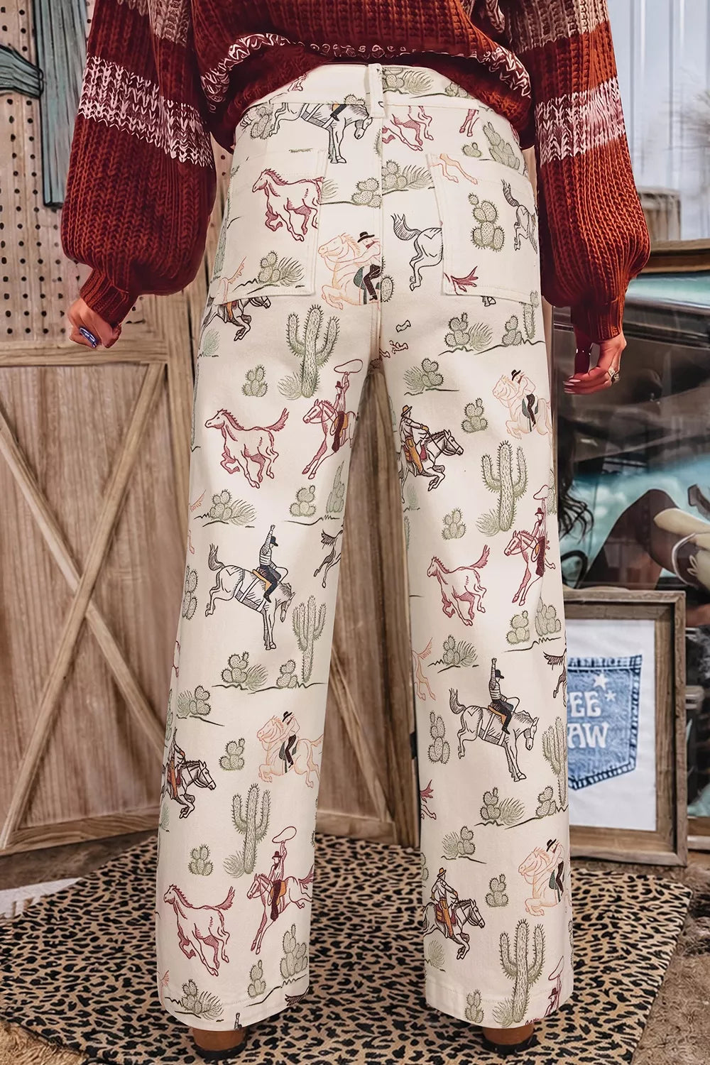 Western Print Straight-Leg Ankle Jeans in beige, front view