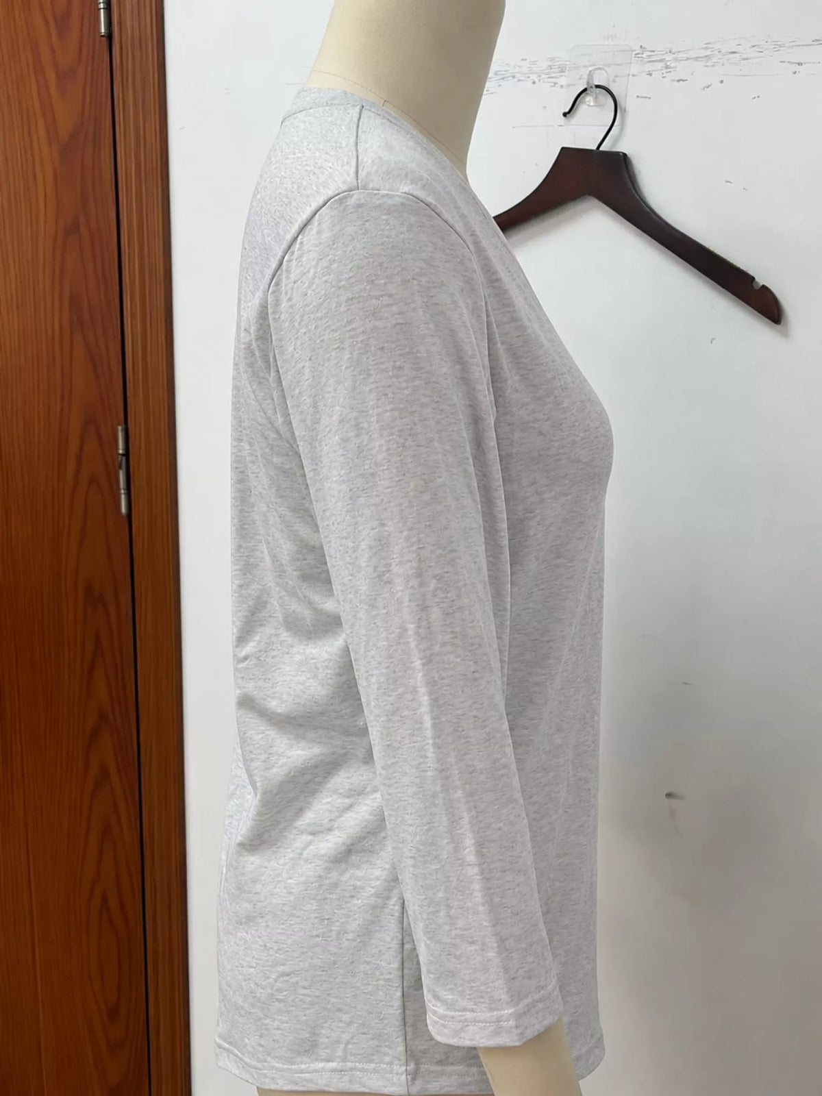 Gray v-neck half sleeve t-shirt, detail view