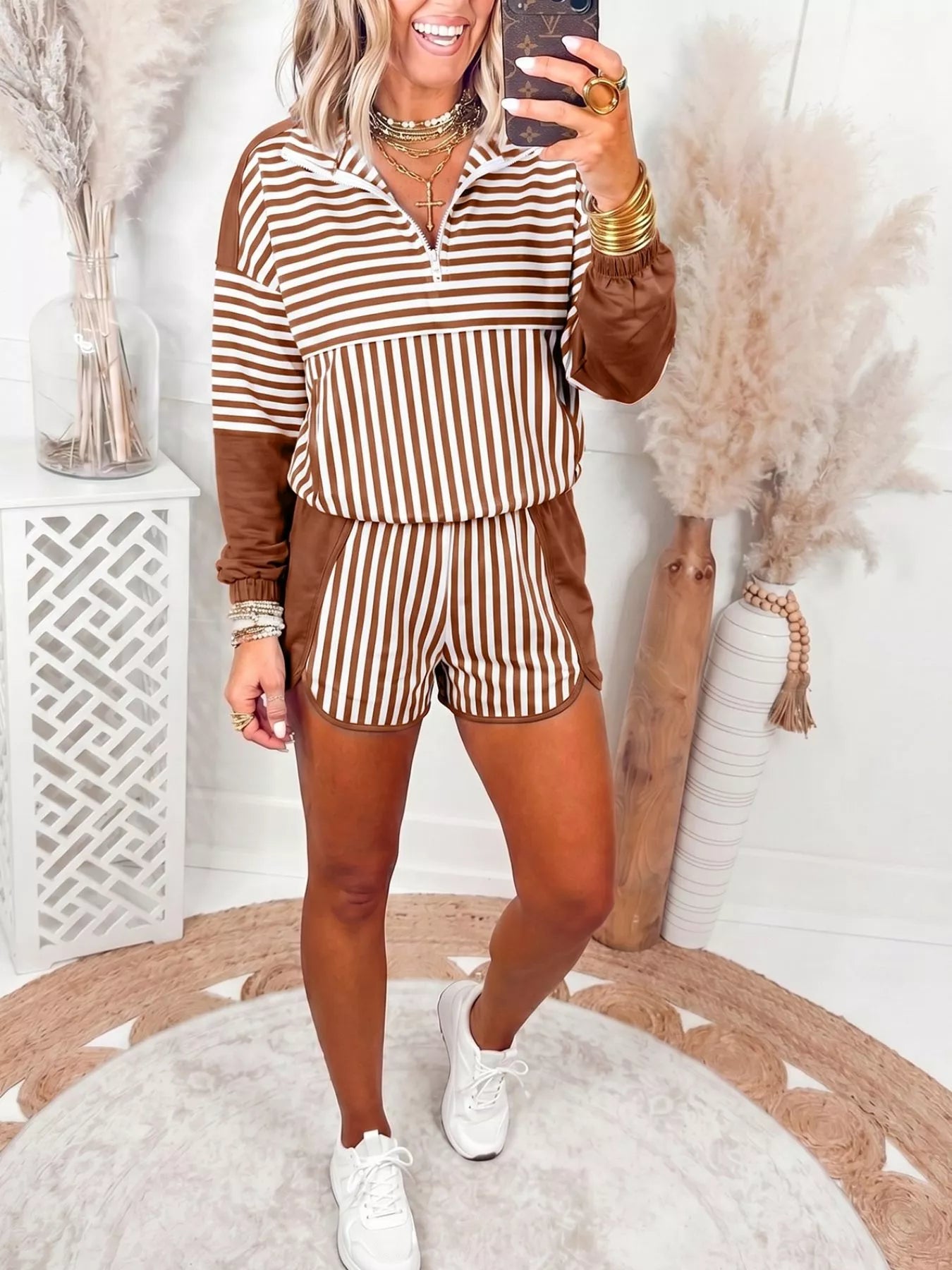 Trendsi Stripe Color Block Patchwork Quarter Zip Pullover Sporty Shorts Set -