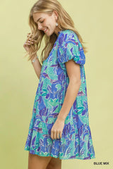 Trendsi Umgee Tropical Floral Puff Sleeve Tiered Mini Dress -