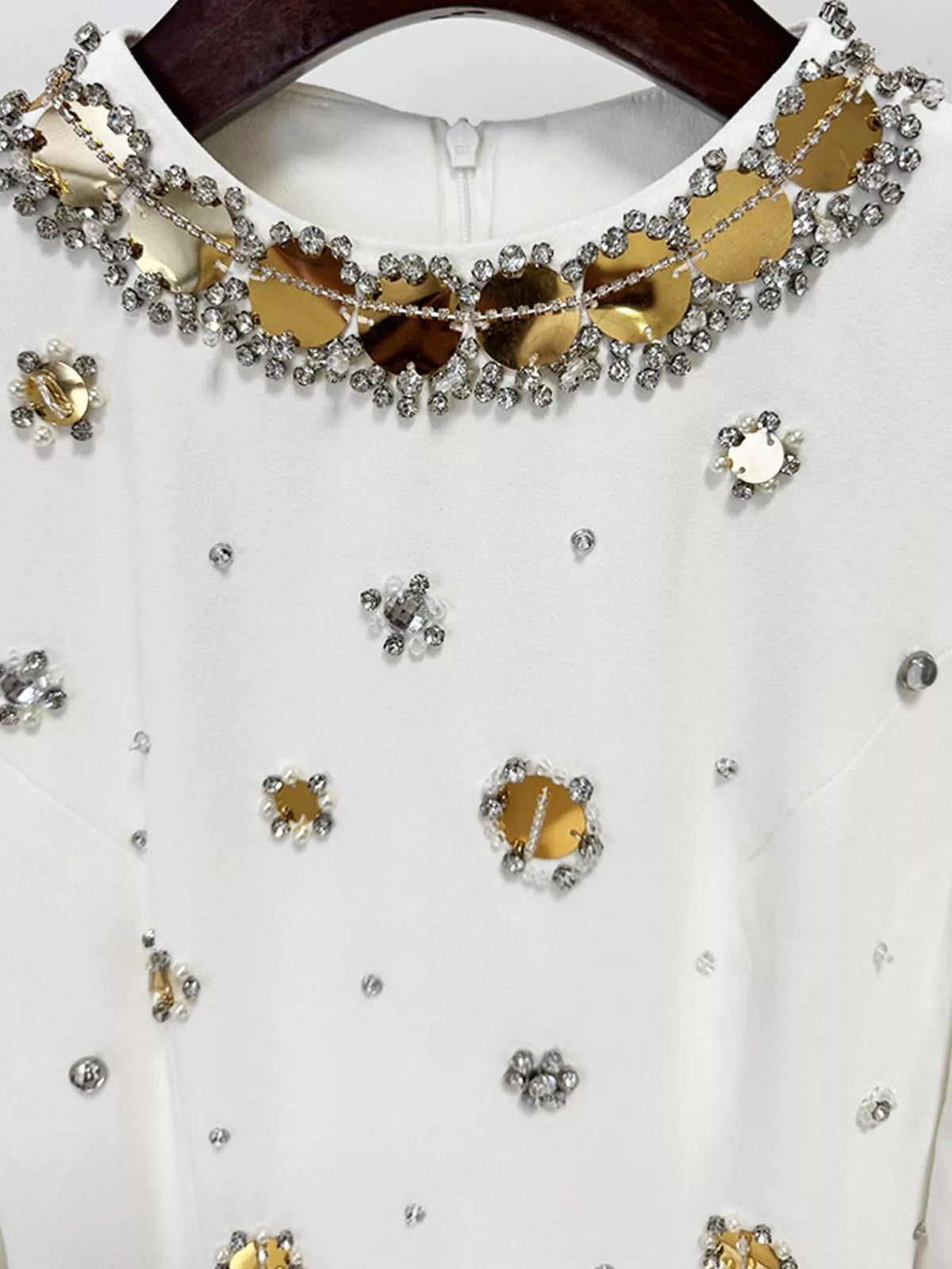 White rhinestone long sleeve maxi evening dress