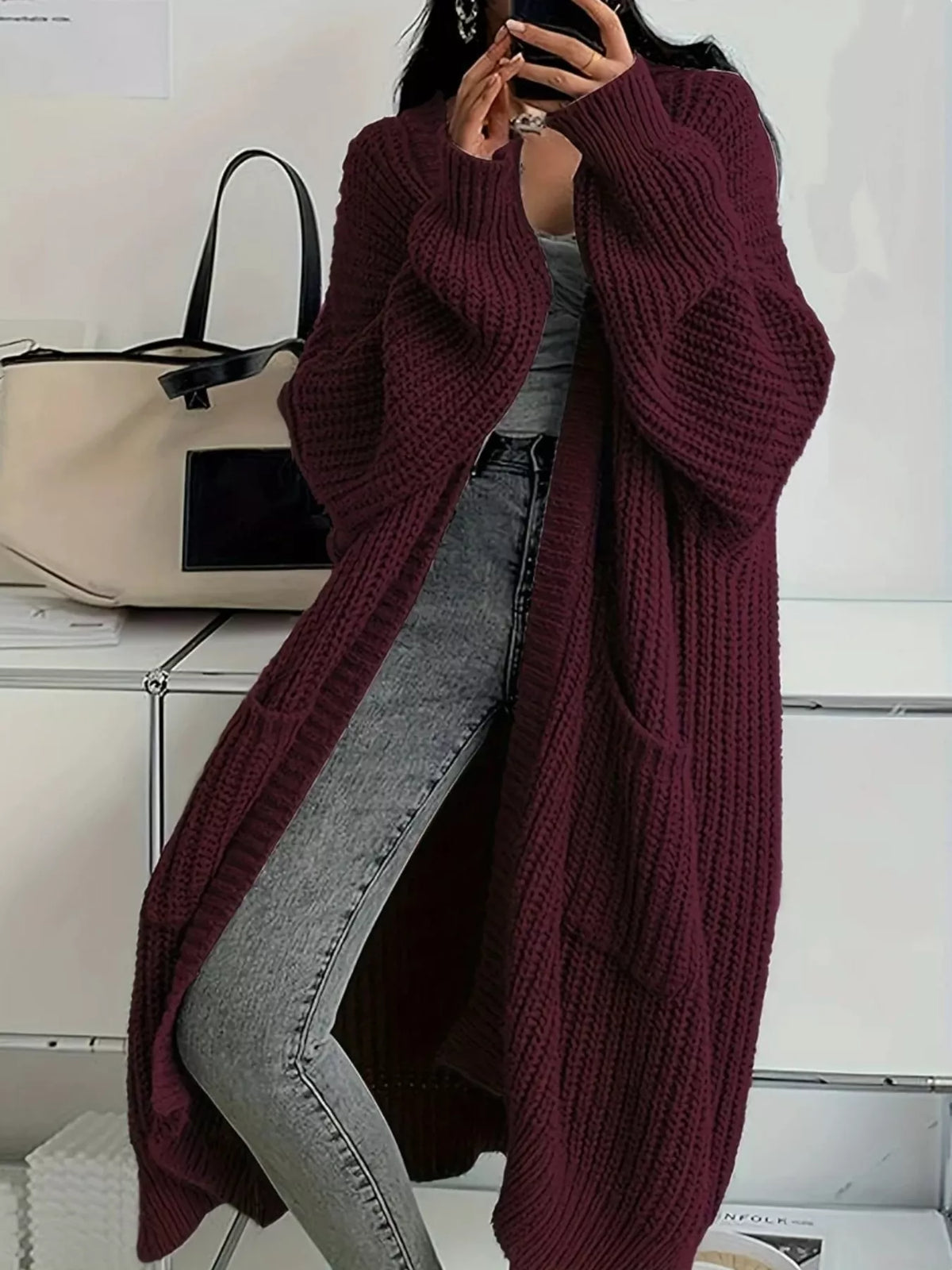 Longline knit cardigan, burgundy front