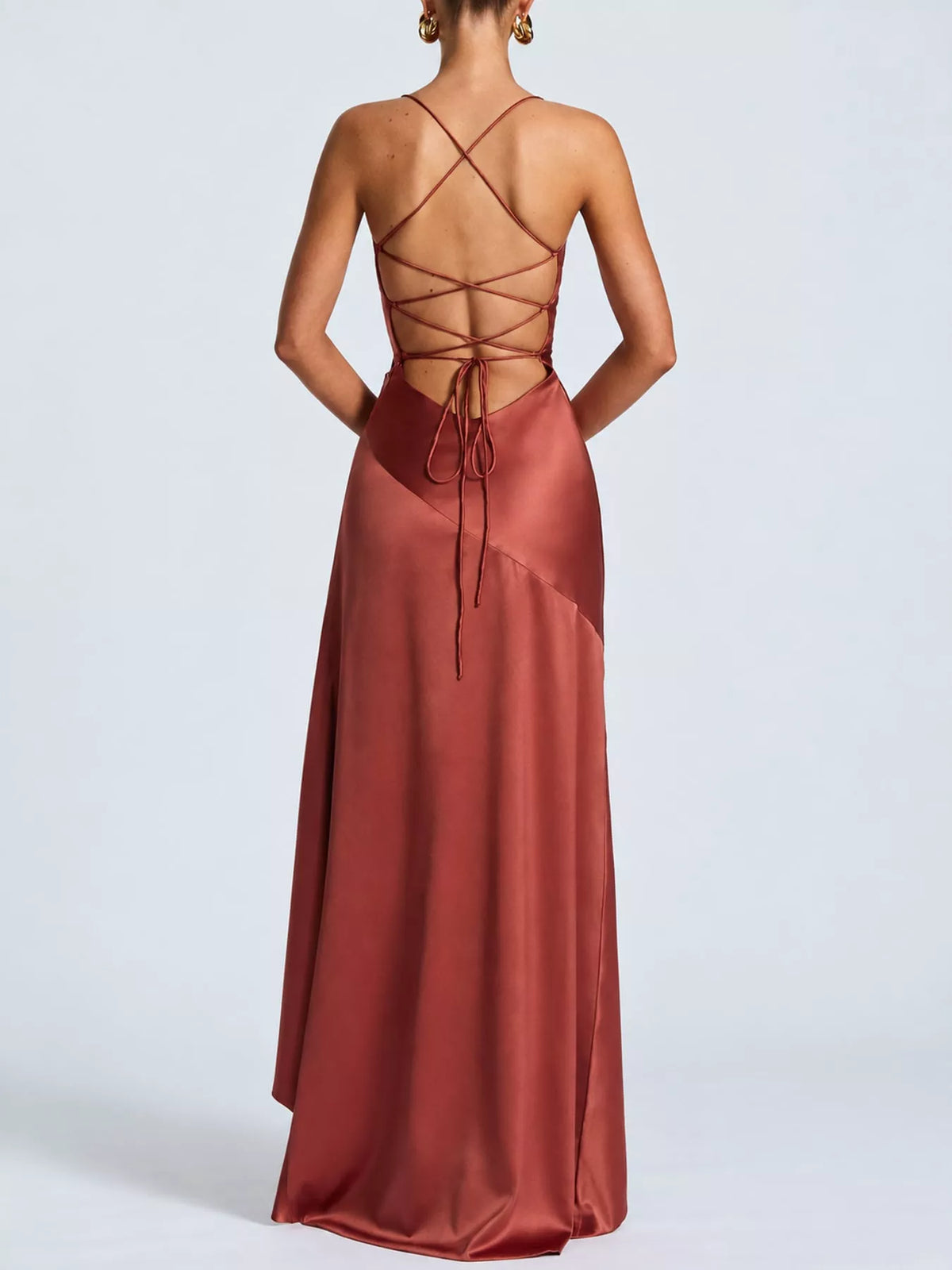 Rust high-low ruffle-hem evening dress, lace-up back view