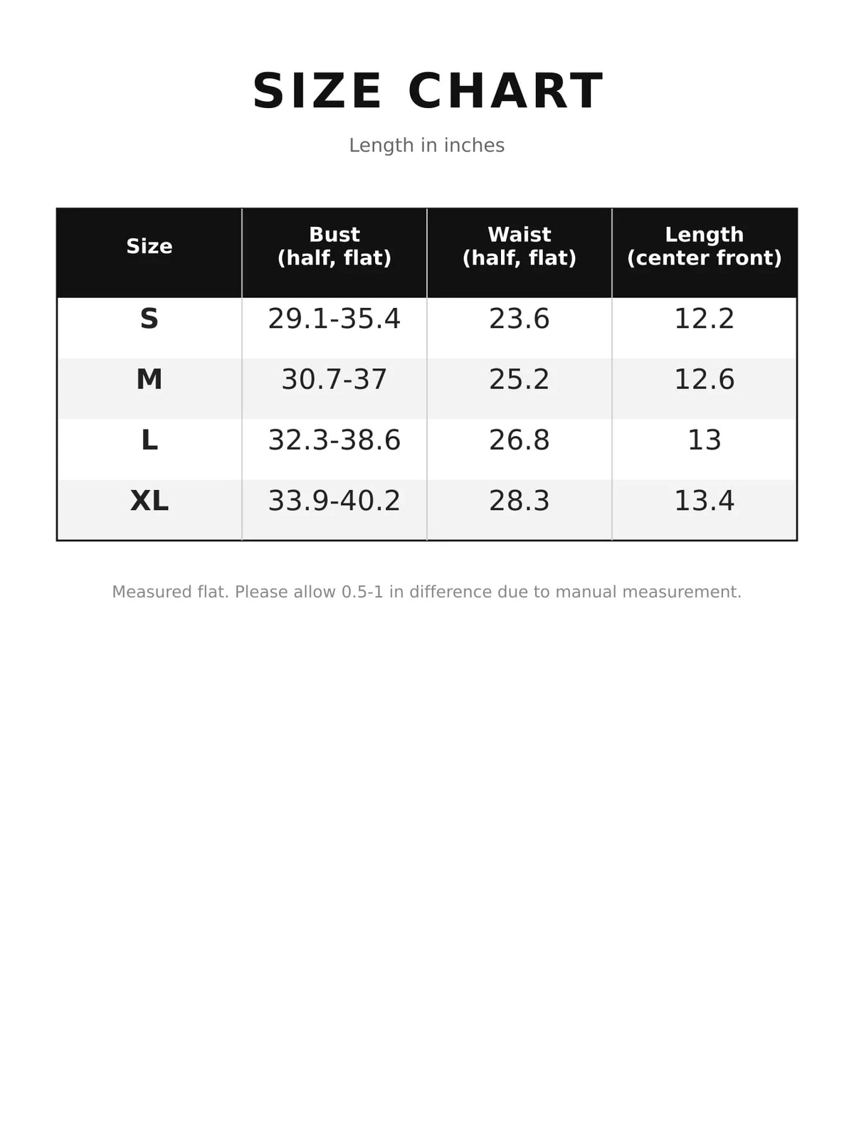 Size chart for lace up back printed cami