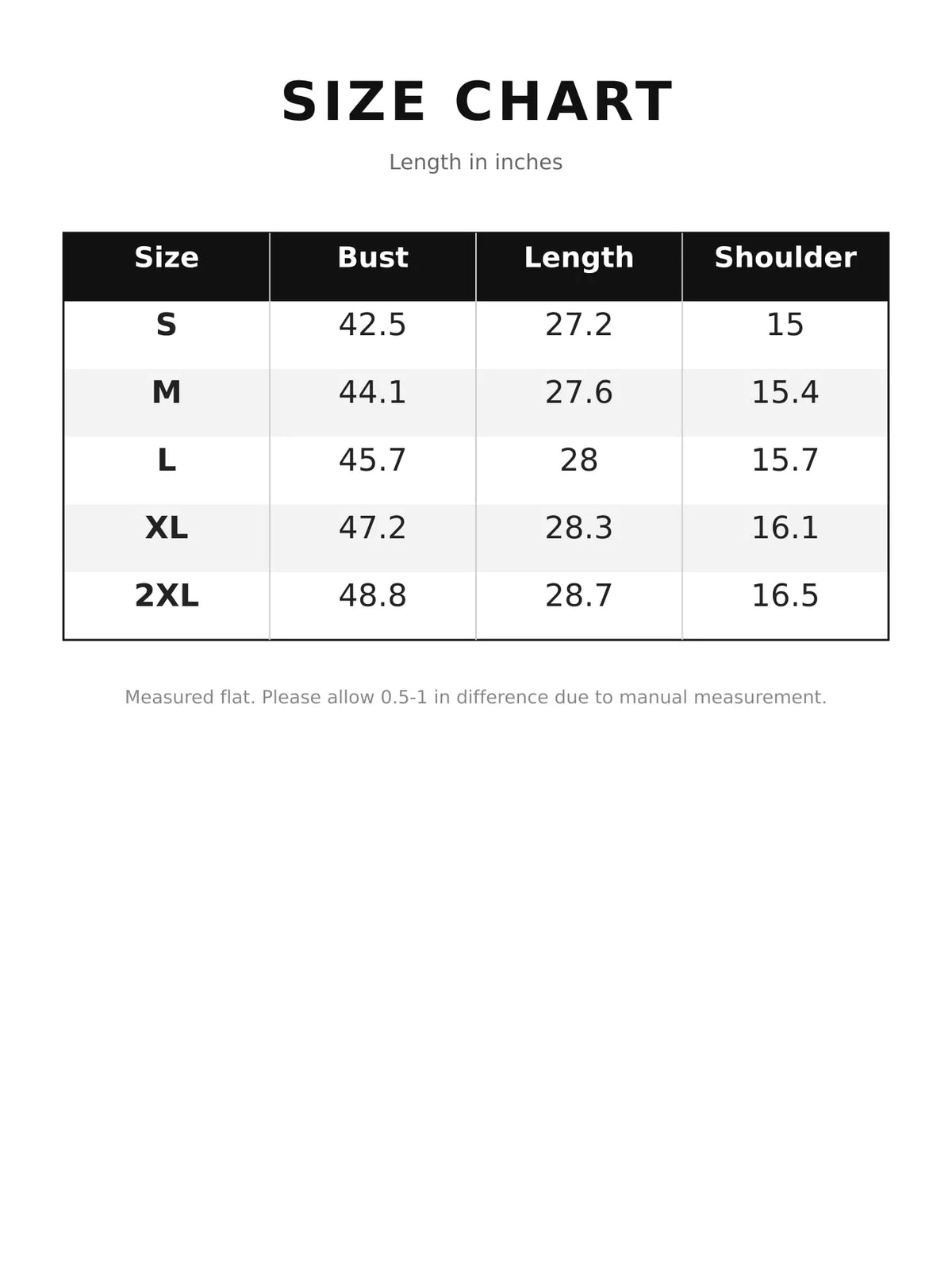Quilted Snap-Front Vest — size and measurement chart