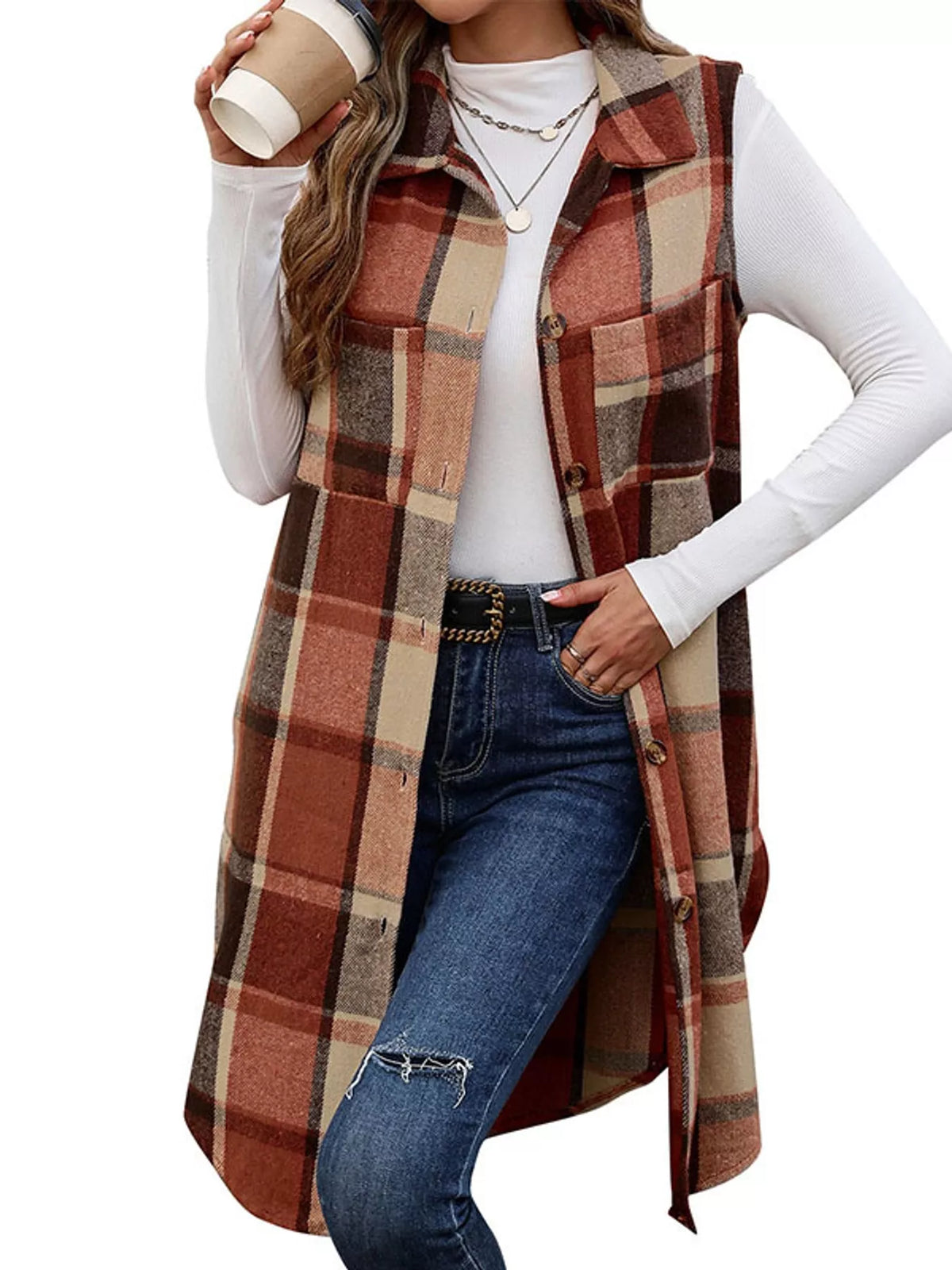 Longline Plaid Button-Down Vest Coat in rust and beige