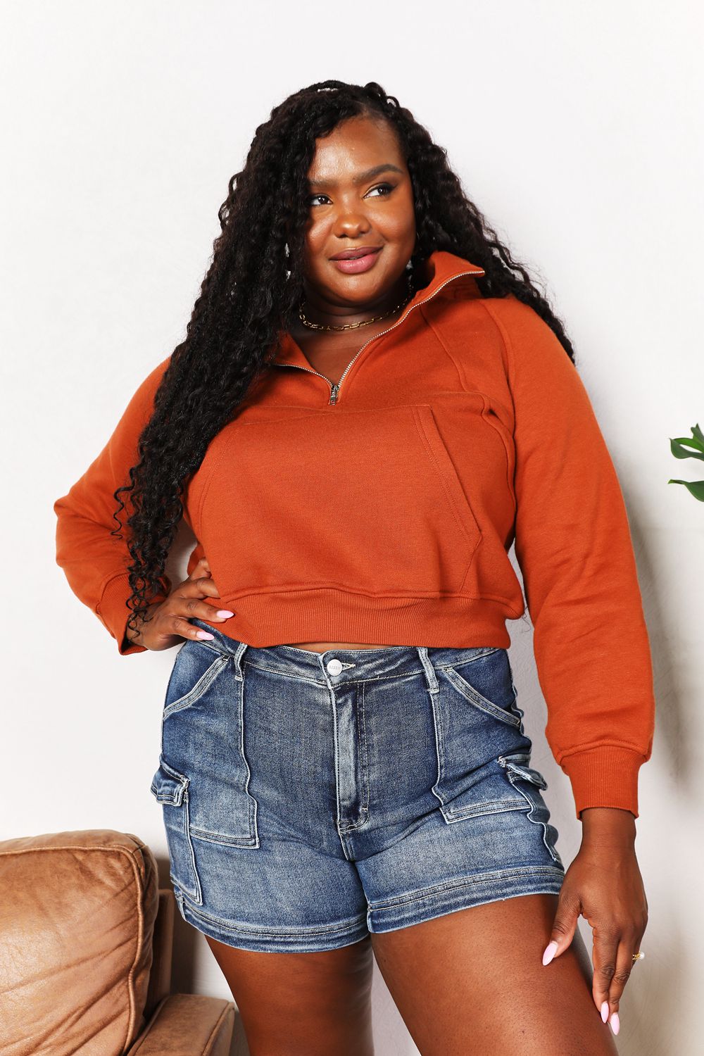 Cropped half-zip long-sleeve hoodie