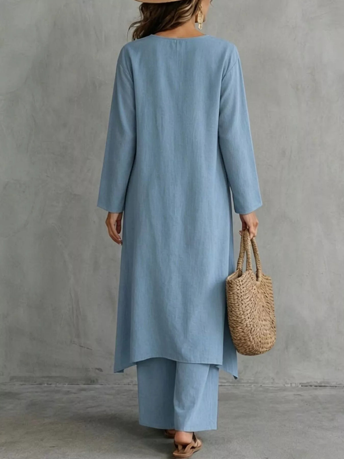 Blue longline top and pants set, back view