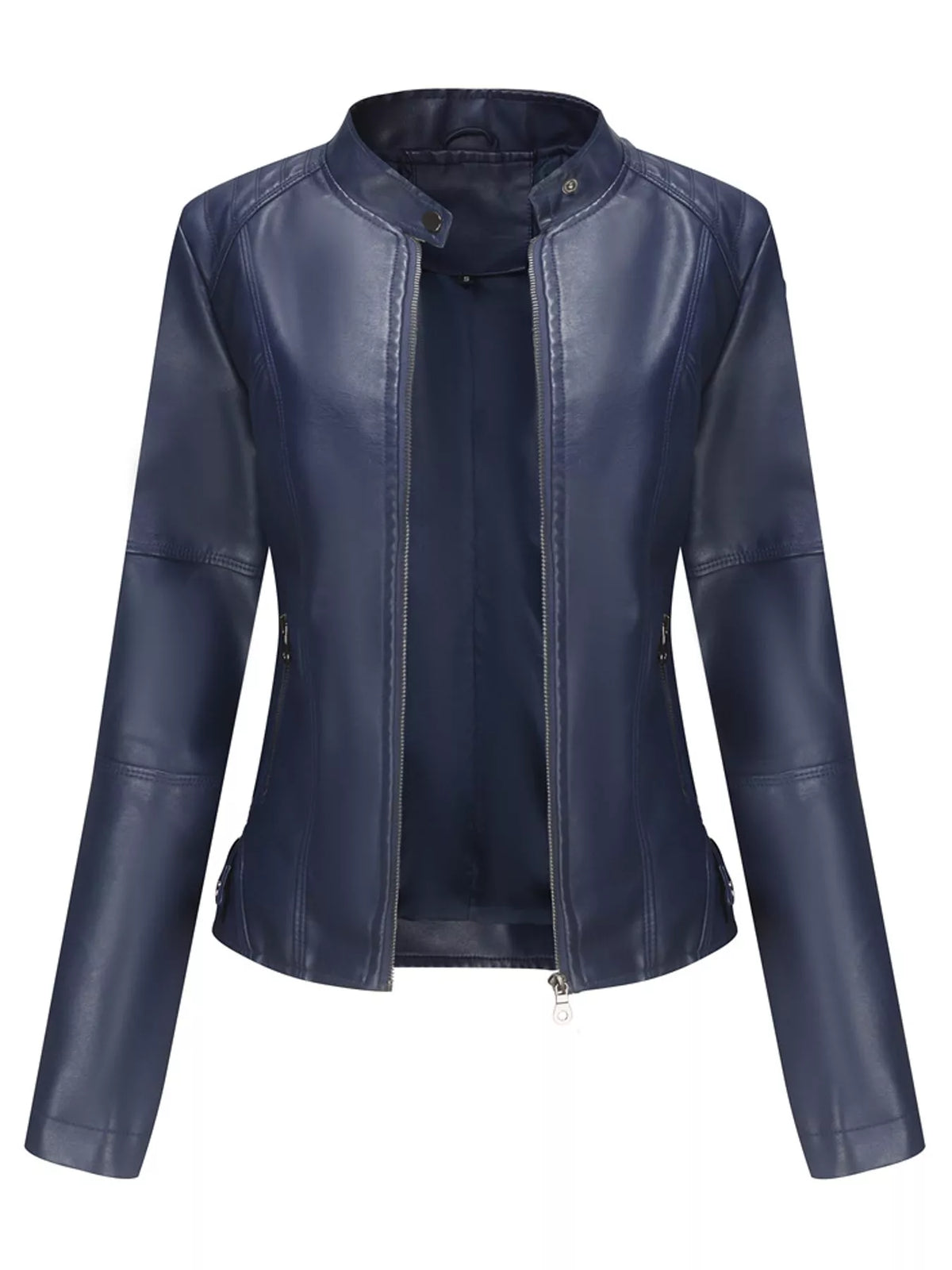 Faux-leather moto jacket, navy open front