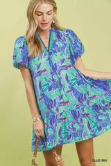 Trendsi Umgee Tropical Floral Puff Sleeve Tiered Mini Dress -