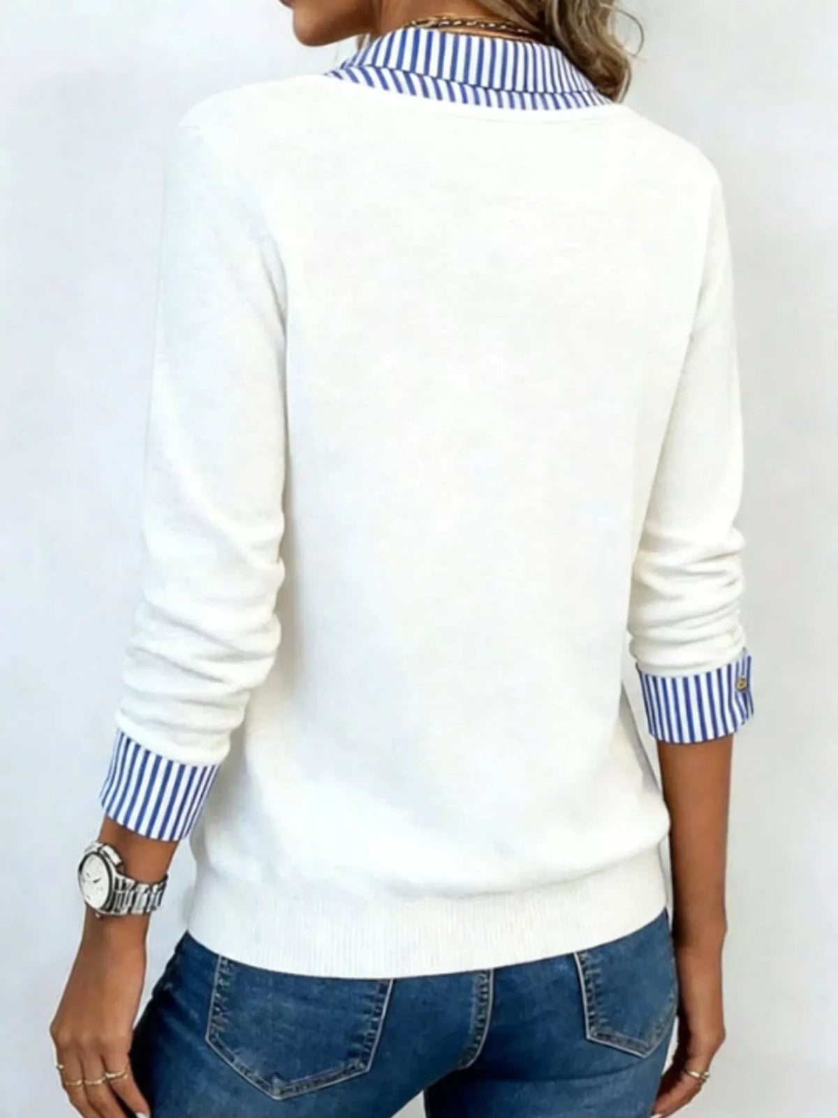 Women's Layered Look Striped Collar Long Sleeve Top in White, alternate view