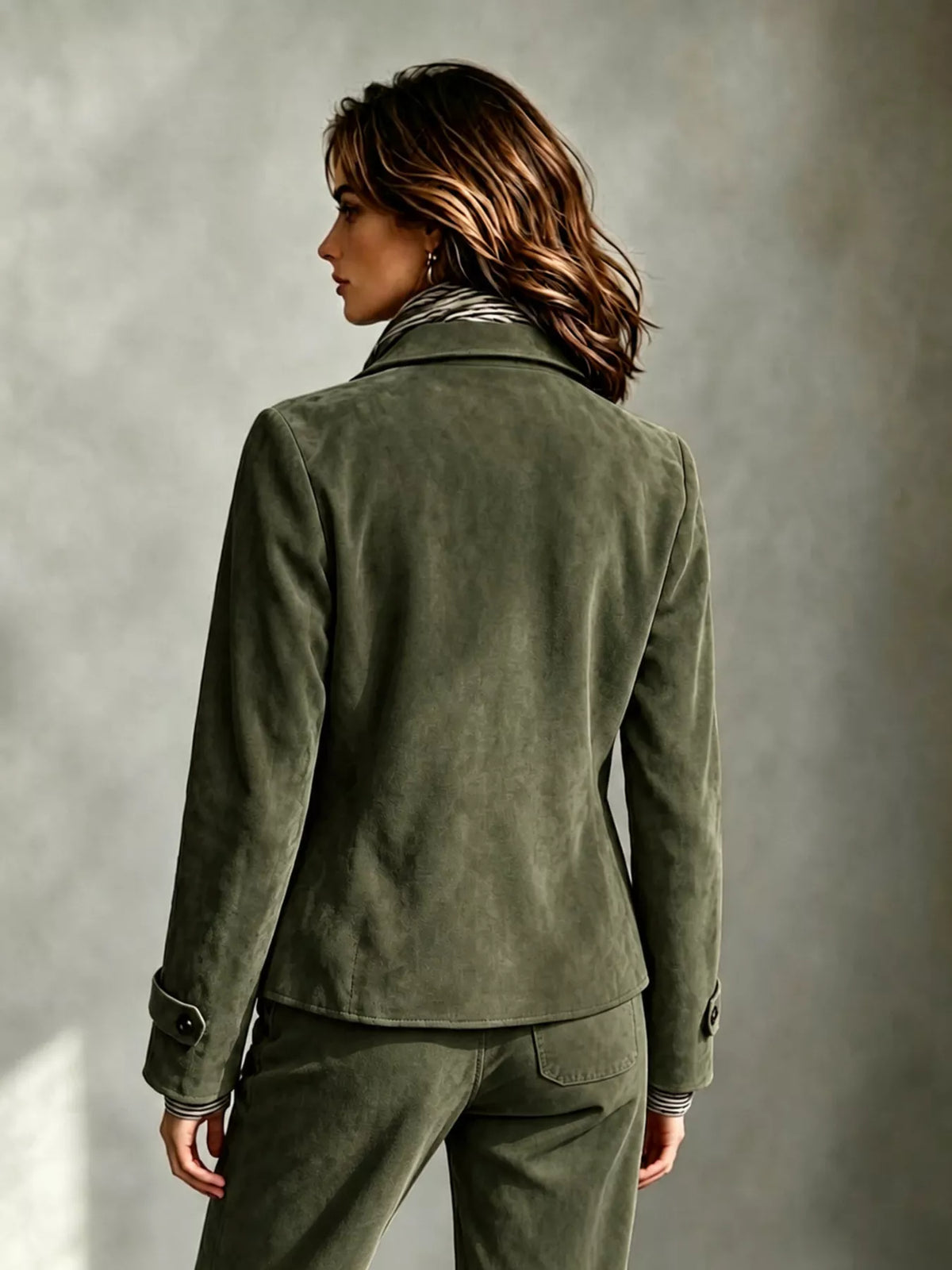 Olive faux-suede button-front utility blazer, back view.