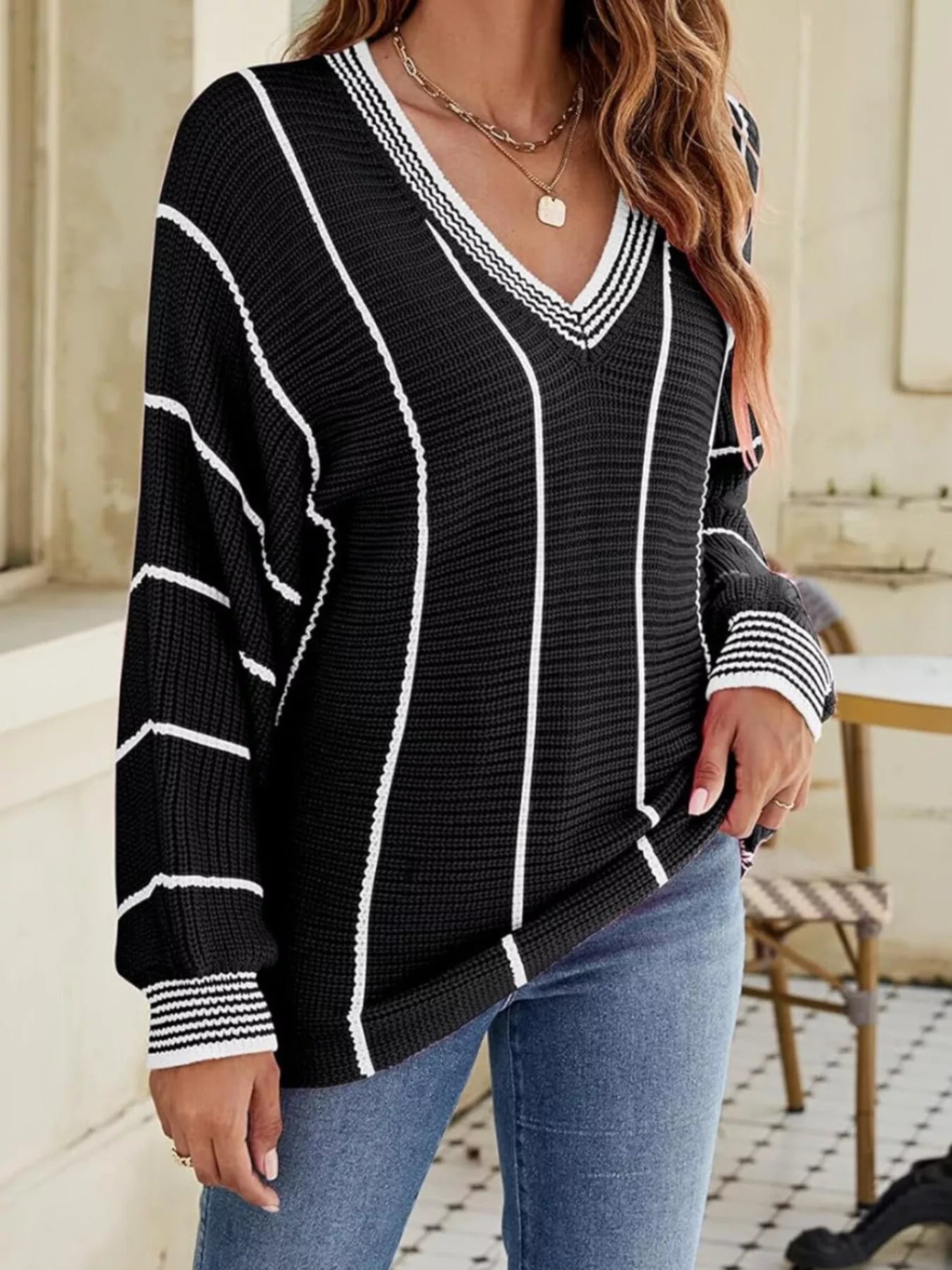 Trendsi V-Neck Striped Contrast Sweater -