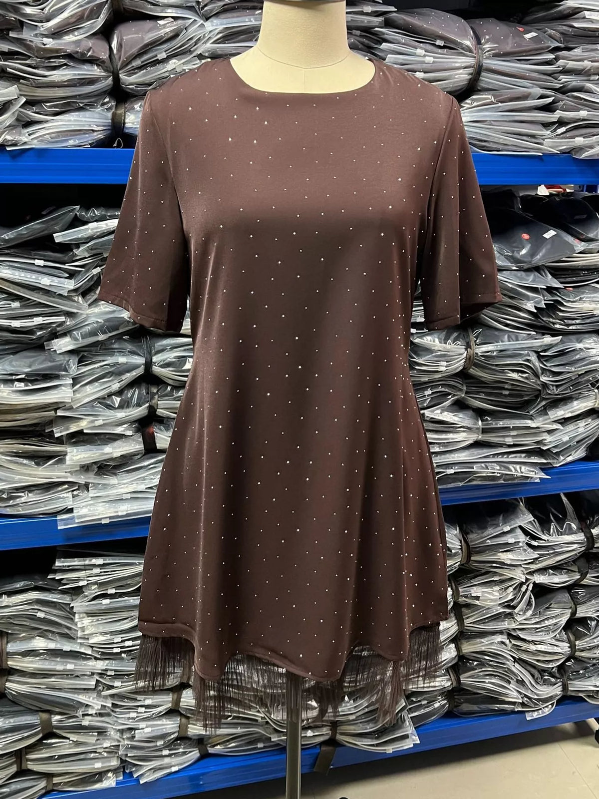 Brown rhinestone a line mini dress with tulle hem, front view
