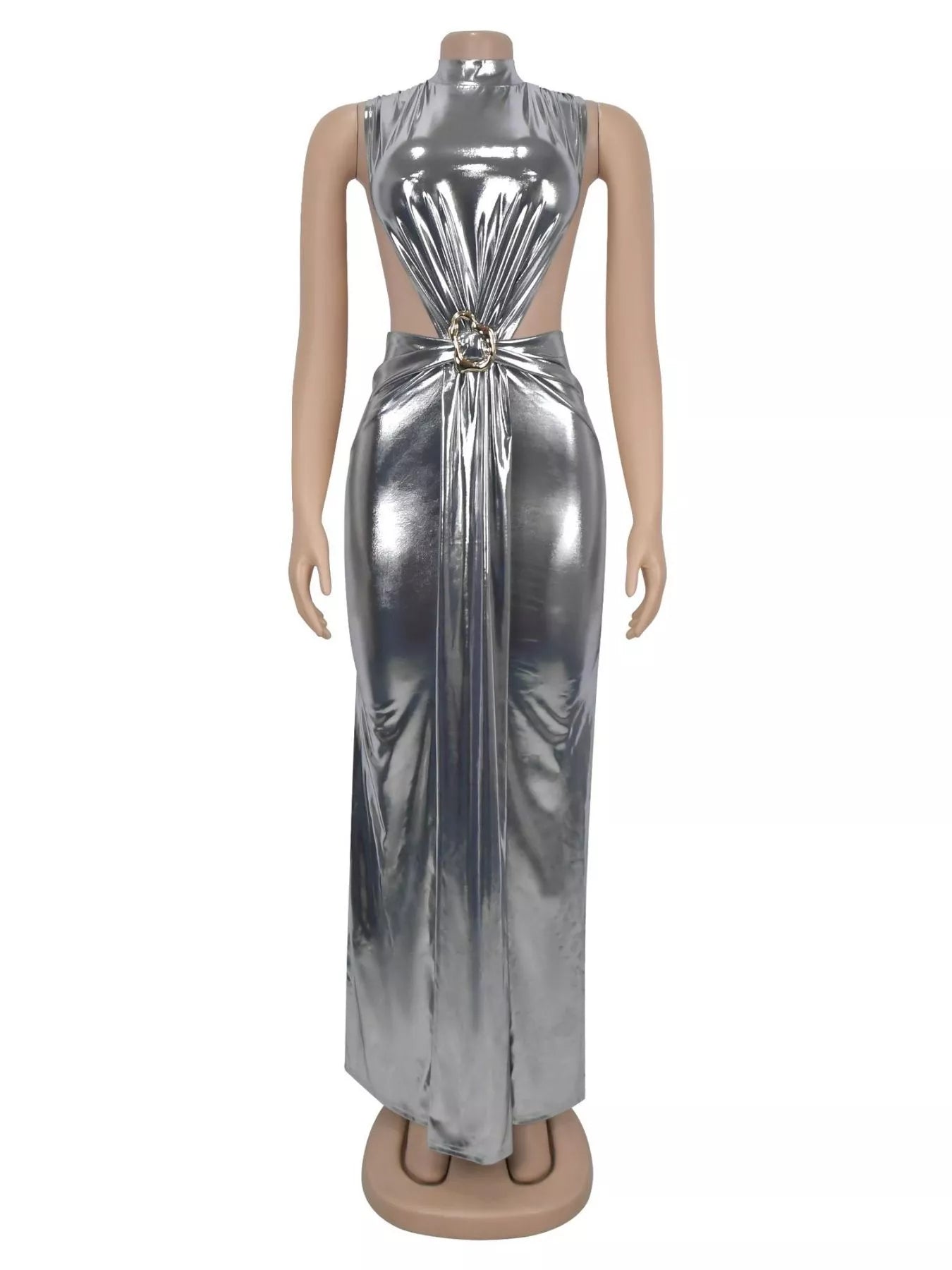 Trendsi Mock Neck Cut-Out Ruched Maxi Dress -