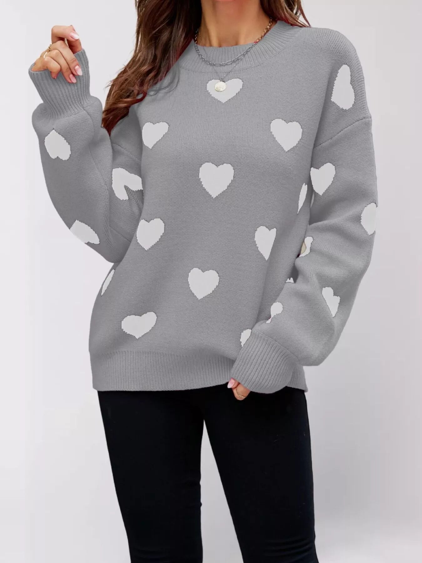 Trendsi Heart-Patterned Dropped Shoulder Sweater -