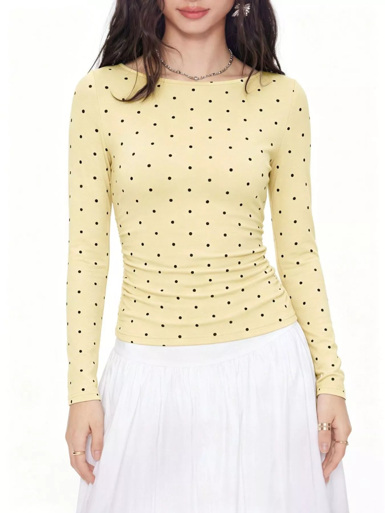 Trendsi Long Sleeve Polka Dot Tie Back T-Shirt -