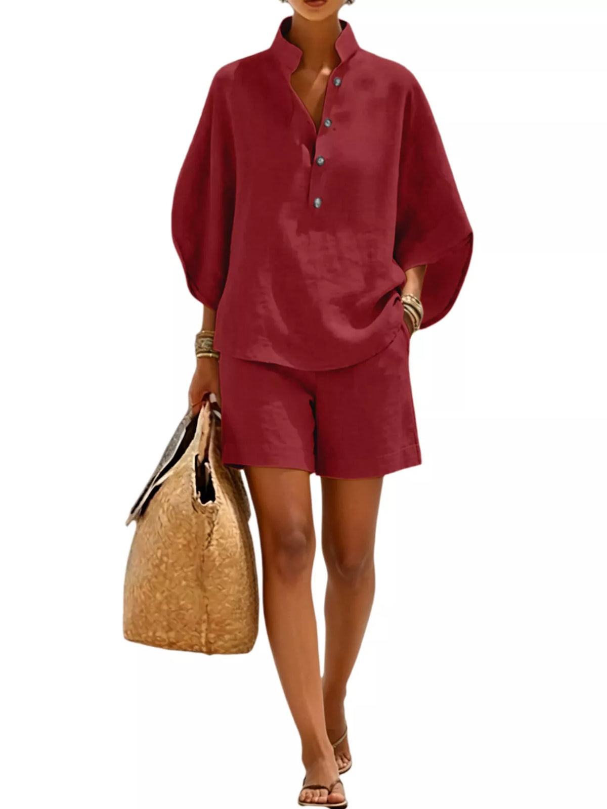 Button Detail Loose Fit Top and Shorts Set in burgundy, front view