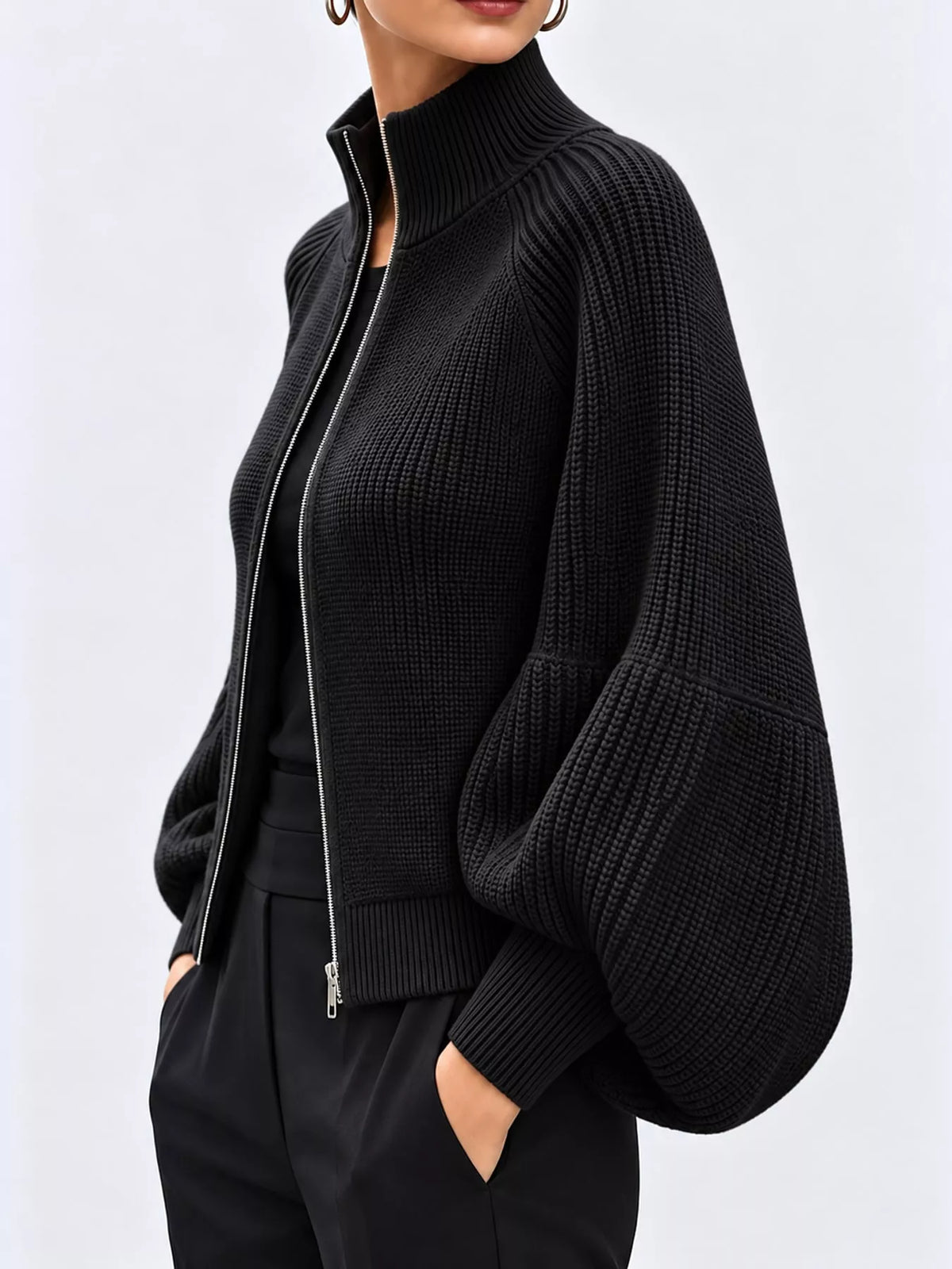 Black ribbed knit zip-up lantern sleeve cardigan