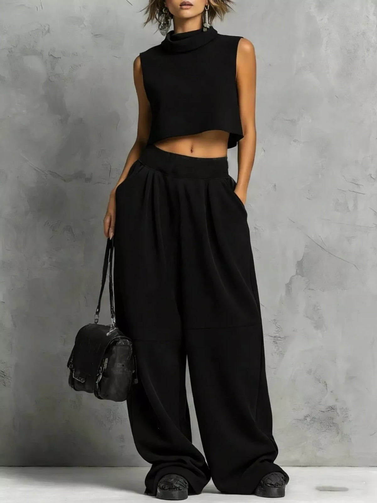Black Mock Neck Crop Top & Wide-Leg Sweatpants Set front view