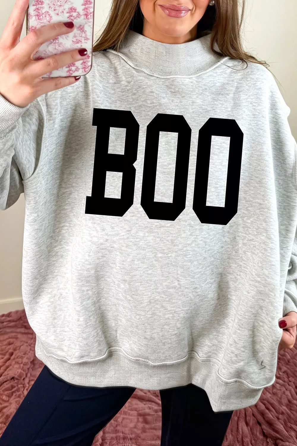 Halloween BOO & Bat Printed Reversible Mock Neck Sweatshirt in gray boo, front view