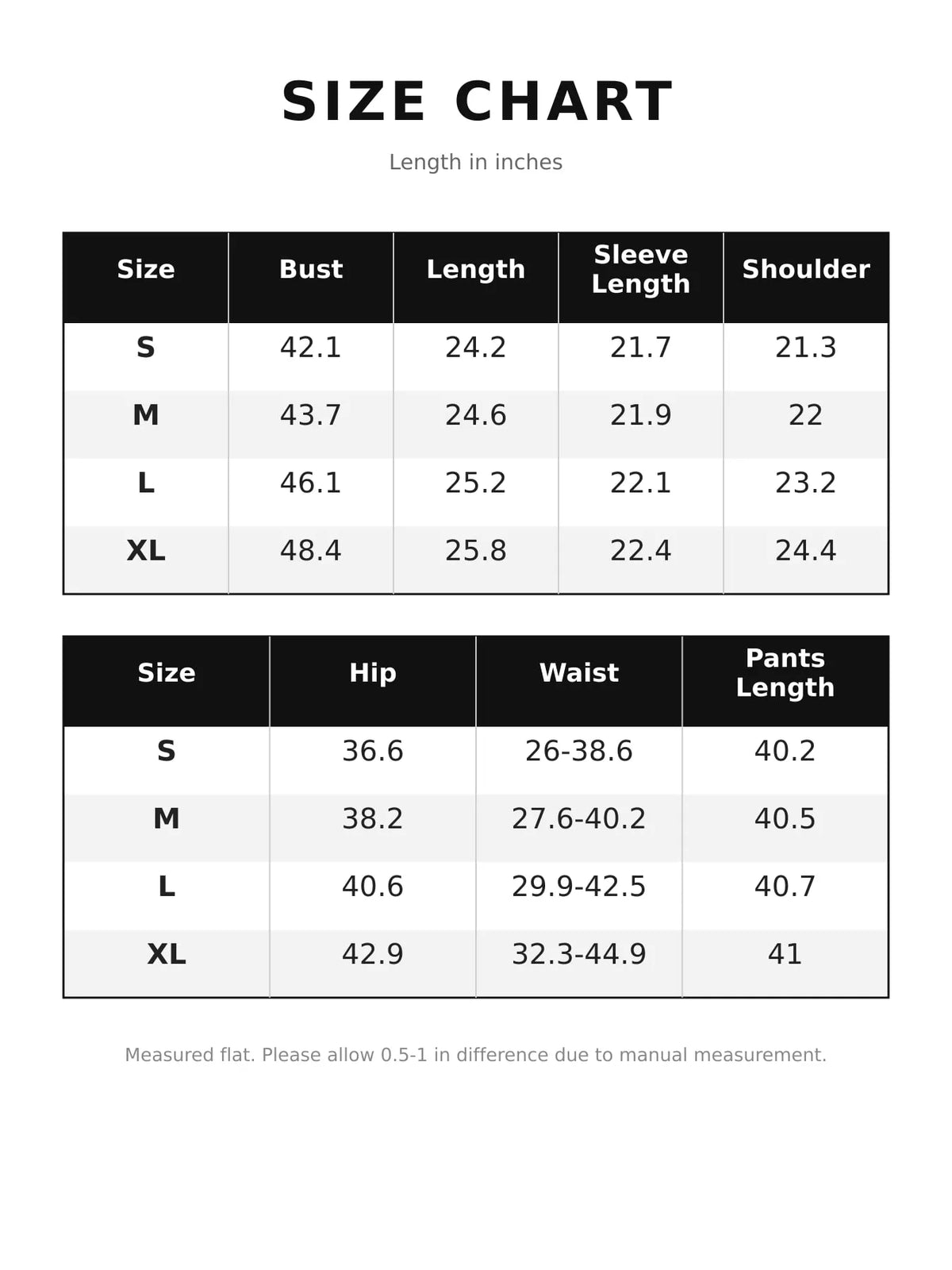 Size chart for ribbed knit collared top and wide leg pants set