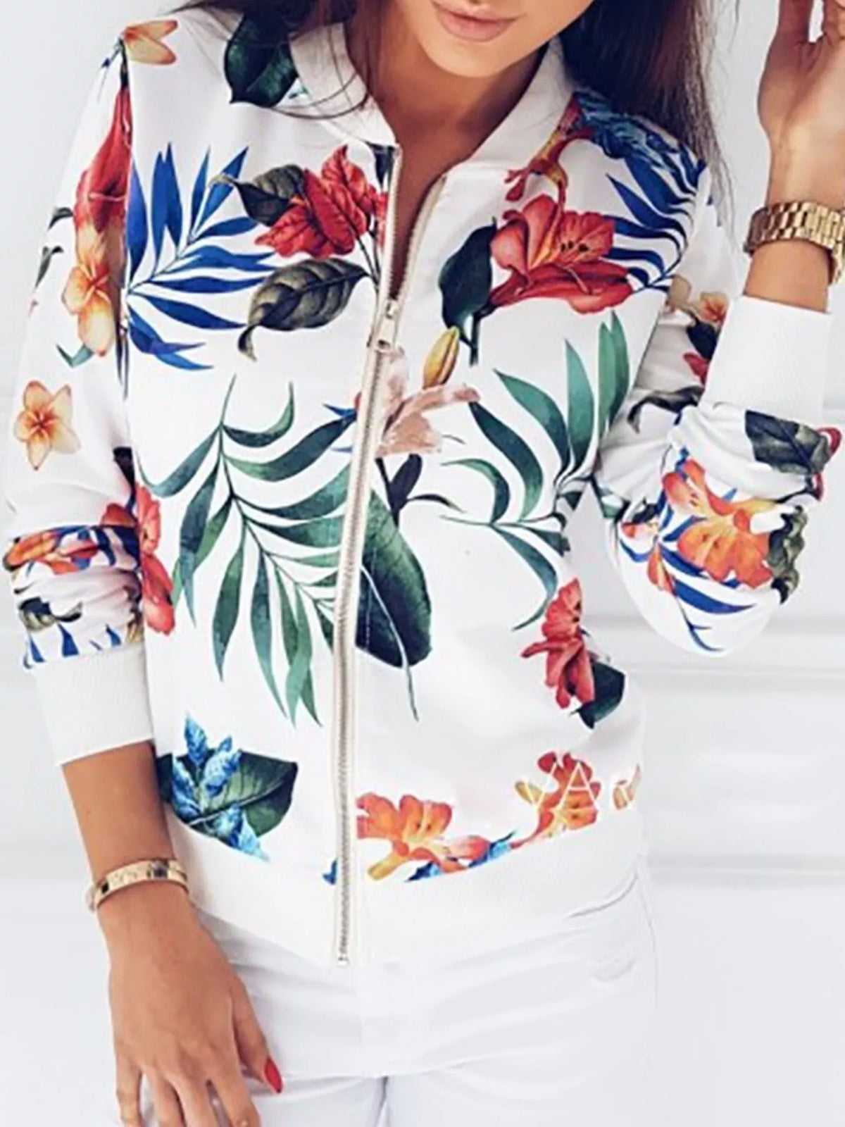 White tropical floral printed zip-up bomber jacket — front view