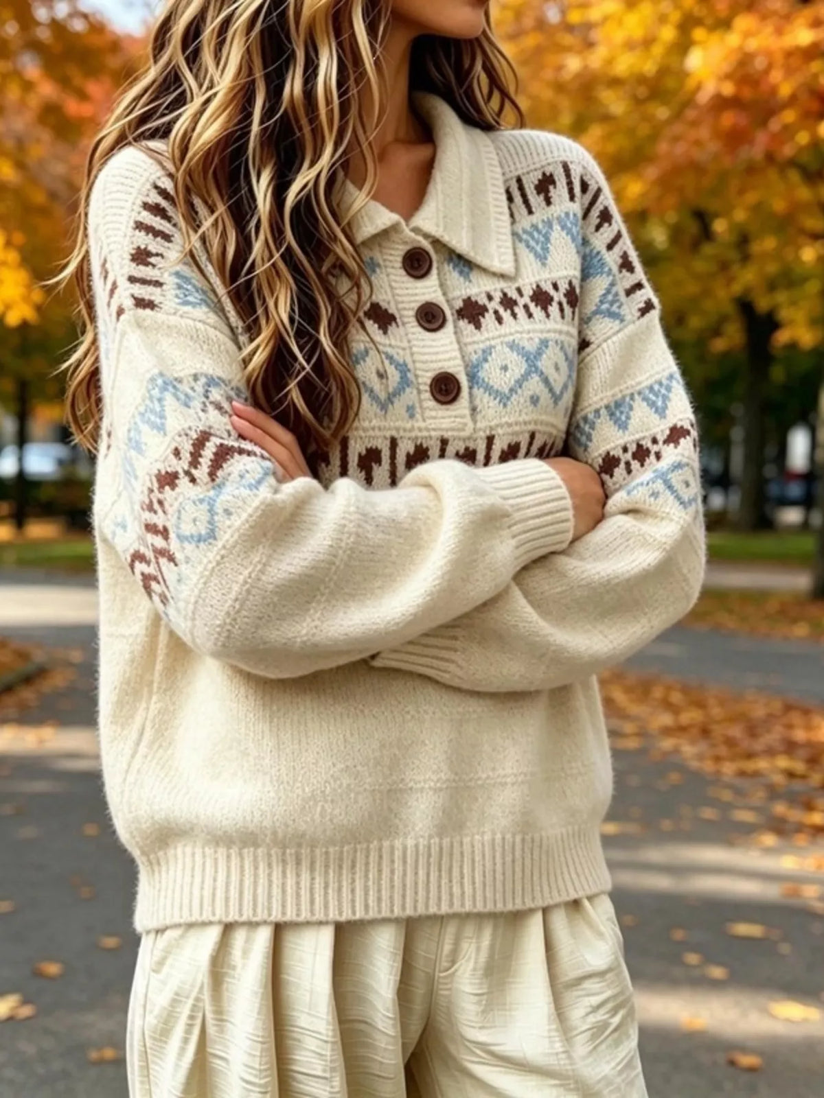 Cream fair isle pattern polo collar sweater, side view